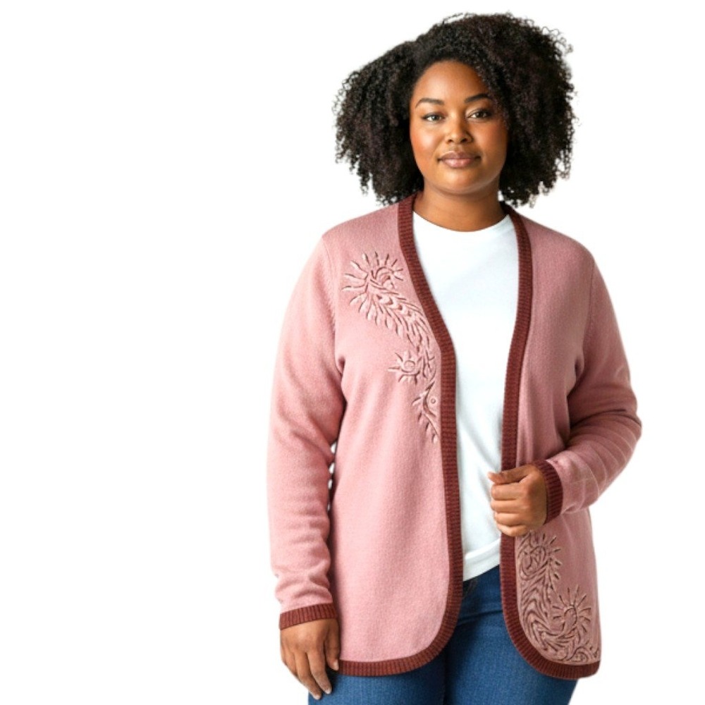 Vintage Bob‎ Mackie Mauve Embroidered Knit Cardigan Sweater Sz M Wearable Art